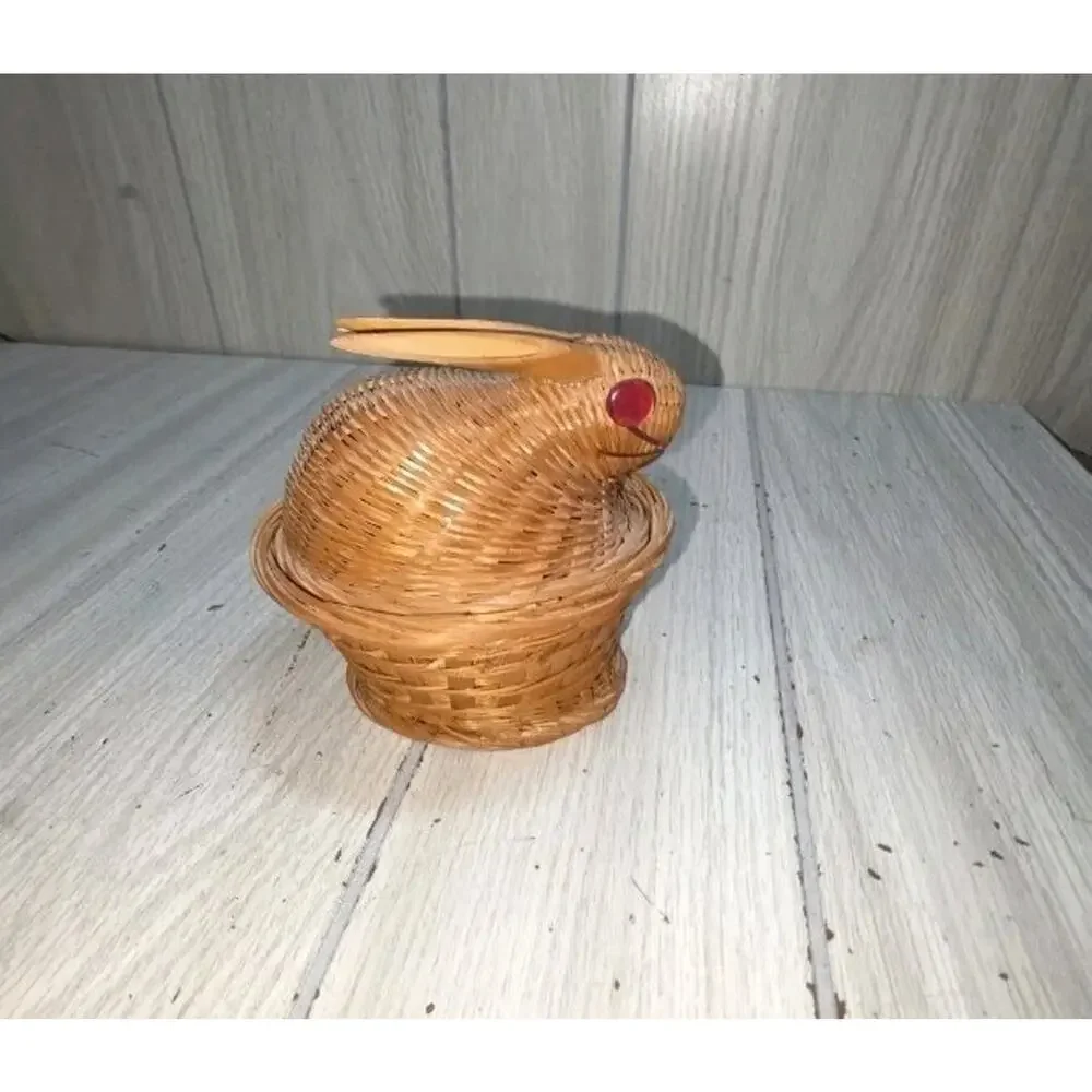 Bunny Rabbit Wicker Basket with Lid Vintage Home Decor 5” Countrycore Rustic